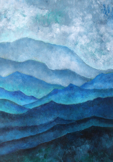 mountains, silhouettes of mountains in the haze, blue Schilderij getiteld "mountains, silhouet…" door Ludmila Kuchina, Origineel Kunstwerk, Acryl