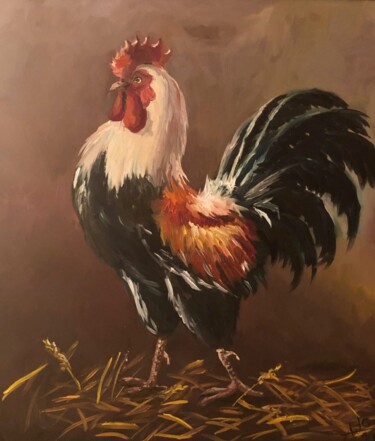 Картина под названием "Un coq" - Alexandra Uryasova, Подлинное произведение искусства, Масло Установлен на Деревянная рама д…