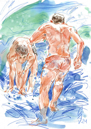 Dibujo titulada "Racing with a friend" por Sergey Sovkov, Obra de arte original, Acuarela