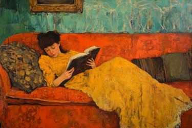 Impressionist Oil Painting of Woman Reading on a Sofa Pintura titulada "Impressionist Oil P…" por Ann Golub, Obra de arte original, Oleo