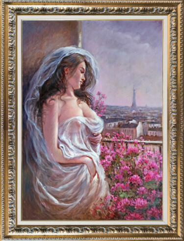 Girl in Paris - French painting & frame 绘画 标题为“Girl in Paris - Fre…” 由Domenico Ronca, 原创艺术品, 油 安装在木质担架架上