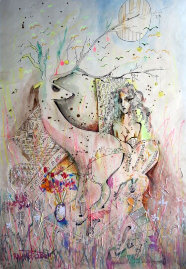 Painting titled "Fantasy with Flower…" by Rakhmet Redzhepov, Original Artwork, Watercolor