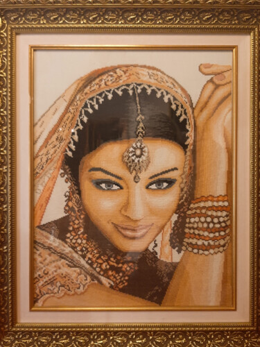 纺织艺术 标题为“Aishwarya Rai” 由Natalia Nartemienzo, 原创艺术品, 刺绣 安装在木板上