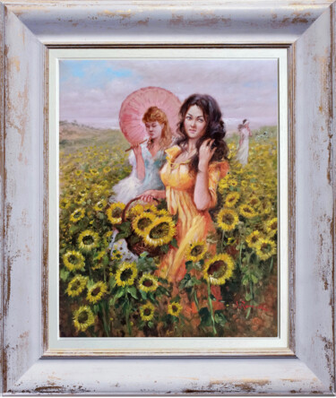 Girls between sunflowers - Italian painting & frame Pittura intitolato "Girls between sunfl…" da Domenico Ronca, Opera d'arte originale, Olio Montato su Telaio per barella in l…