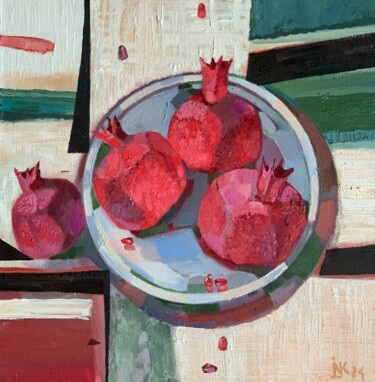 绘画 标题为“Pomegranates on a t…” 由Irina Kazarnovskaia, 原创艺术品, 油 安装在木质担架架上