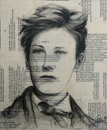 Portrait d'Arthur Rimbaud sur pages de poésie (5) Drawing titled "Portrait d'Arthur R…" by Isabelle Milloz, Original Artwork, Conté Mounted on Wood Stretcher frame