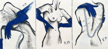 Triptych Blue Touches 图画 标题为“Triptych Blue Touch…” 由Kristina Mallen, 原创艺术品, 木炭