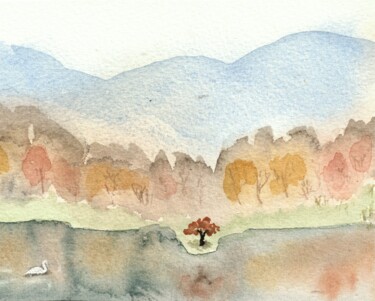 Painting titled "Landscape with swan" by Anna C, Original Artwork, Watercolor