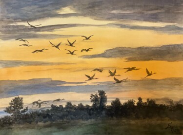 Malerei mit dem Titel "Abend mit Kranichen…" von Stefan Dhein, Original-Kunstwerk, Aquarell