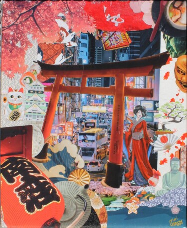Collages intitulée "Rouge Japon" par Valérie Viguie, Œuvre d'art originale, Collages