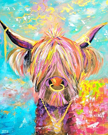 Malerei mit dem Titel "Scottish cow sick o…" von Sylvia Eder, Original-Kunstwerk, Acryl Auf Keilrahmen aus Holz montiert