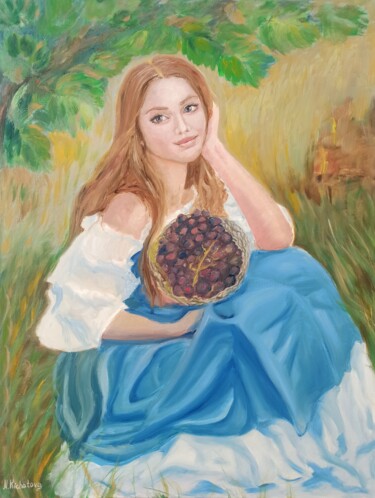 Peinture intitulée "girl with grapes" par Natalia Kichatova, Œuvre d'art originale, Huile Monté sur Châssis en bois
