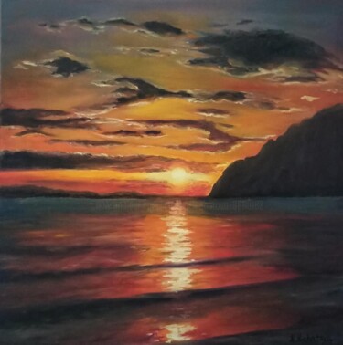 Painting titled "red sunset, oil on…" by Natalia Kichatova, Original Artwork, Oil Mounted on artwork_cat.