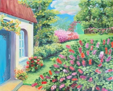 Schilderij getiteld "House in the garden" door Tetiana Kovtun, Origineel Kunstwerk, Olie Gemonteerd op Frame voor houten bra…