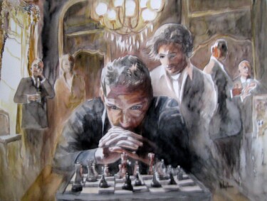 Peinture intitulée "joueur d'échec" par Armelle Delaplace, Œuvre d'art originale, Aquarelle Monté sur Carton