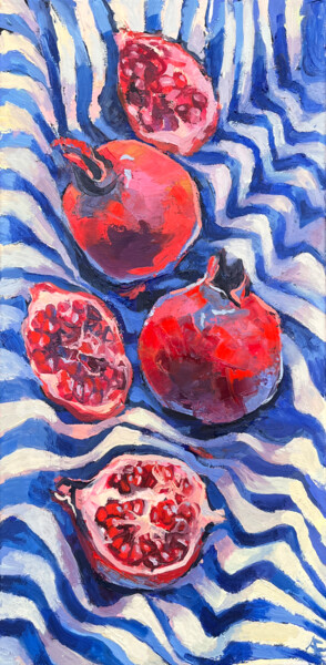 Grenades sur une nappe rayée bleue peinture à l'huile Peinture intitulée "Grenades sur une na…" par Elena Recondo, Œuvre d'art originale, Huile Monté sur Châssis en bois