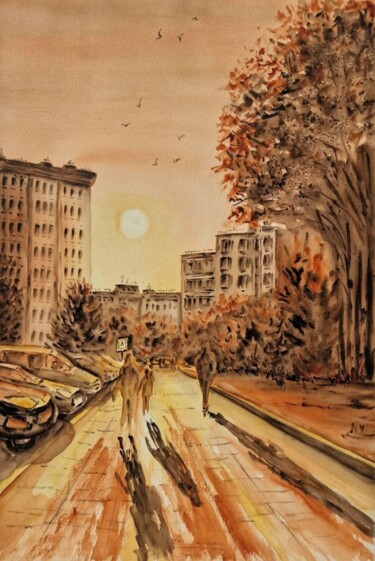 绘画 标题为“Sunset in the city” 由Olena Yemelianova, 原创艺术品, 水彩