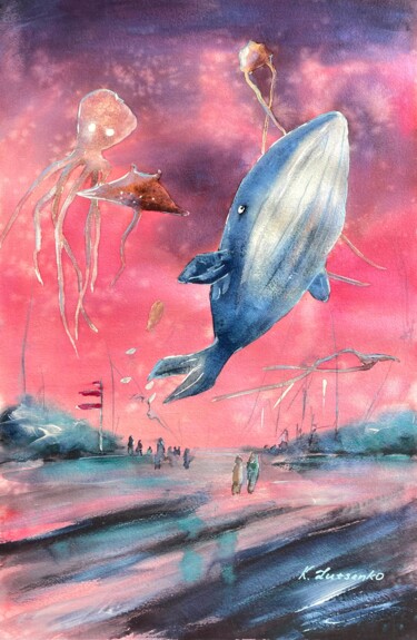绘画 标题为“Whale of Dreams” 由Ksenia Lutsenko, 原创艺术品, 水彩