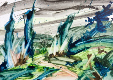 Cypresses, reeds and rain 绘画 标题为“Cypresses, reeds an…” 由Simone Romani, 原创艺术品, 油 安装在木质担架架上
