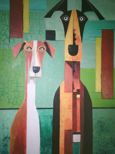 Painting titled "Mes petits chiens" by Odette Carre (Etchevers M-J), Original Artwork, Acrylic Mounted on Wood Stretcher fra…