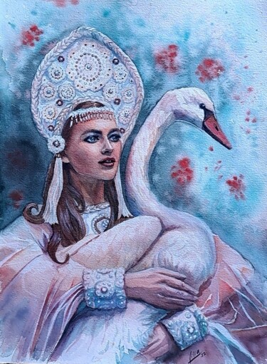 Painting titled "Beauty with a swan" by Liliya Hudry, Original Artwork, Watercolor