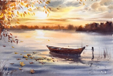Autumn Sunset Boat 绘画 标题为“Autumn Sunset Boat” 由Eugenia Gorbacheva, 原创艺术品, 水彩