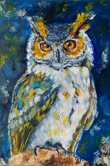 Schilderij getiteld "Owl Painting Bird O…" door Anastasiya Posylaeva, Origineel Kunstwerk, Olie Gemonteerd op Frame voor hou…
