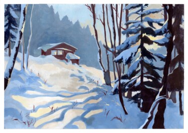 Schilderij getiteld "Chalet dans la neig…" door Zueyen, Origineel Kunstwerk, Acryl