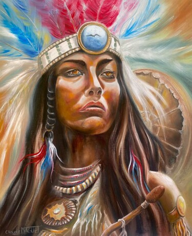 Painting titled "La chamane" by Claude Maguet, Original Artwork, Oil Mounted on Wood Stretcher frame