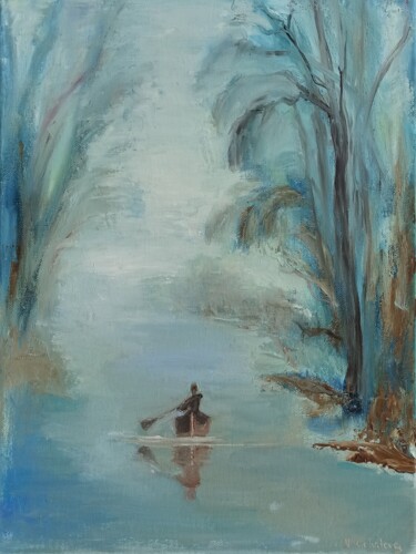 Misty Serenity - Oil Painting of a Boat in a Foggy Landscape Peinture intitulée "Misty Serenity - Oi…" par Natalia Kichatova, Œuvre d'art originale, Huile Monté sur Châssis en bois