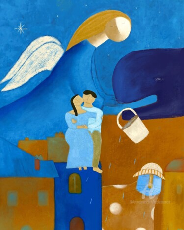 Petits Amoureux à l’Ange,baleine bleue au seau de pluie 绘画 标题为“Petits Amoureux à l…” 由Etolessence, 原创艺术品, 粉彩