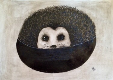 Peinture intitulée "Hérisson-boule" par Eleanor Gabriel, Œuvre d'art originale, Encre Monté sur Autre panneau rigide