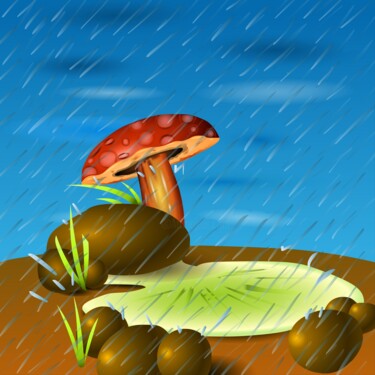 A red-capped mushroom stands in the rain beside a small pool 数字艺术 标题为“A red-capped mushro…” 由Shamim Shaikh, 原创艺术品, 2D数字工作