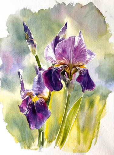 Iris bleus aquarelle Pintura intitulada "Iris bleus aquarelle" por Elena Recondo, Obras de arte originais, Aquarela