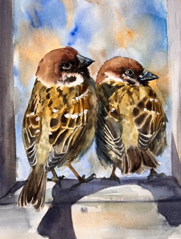 Les moineaux se prélassent au soleil au printemps. Aquarelle Painting titled "Les moineaux se pré…" by Elena Recondo, Original Artwork, Watercolor