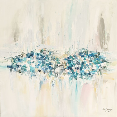 Fleurs bleues des champs - tableau beige bleu minimaliste Peinture intitulée "Fleurs bleues des c…" par Âme Sauvage, Œuvre d'art originale, Acrylique Monté sur Châssis en bois