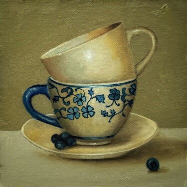 Schilderij getiteld "Stacked Cups & Blue…" door Priyanka Singh, Origineel Kunstwerk, Olie Gemonteerd op Houten paneel