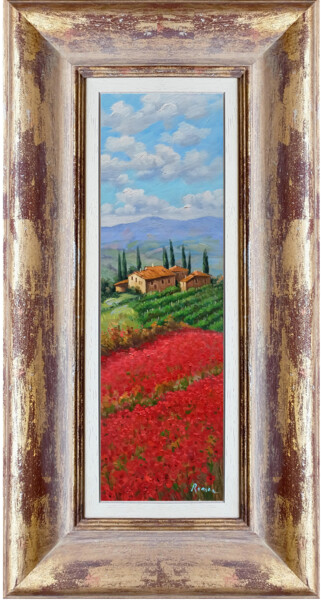Vertical poppies hill - Tuscany landscape painting & frame Peinture intitulée "Vertical poppies hi…" par Domenico Ronca, Œuvre d'art originale, Huile Monté sur Autre panneau rigide