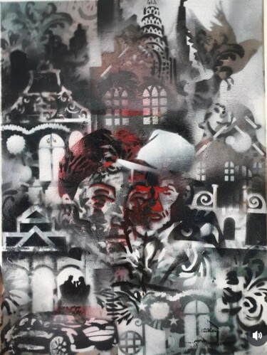 Painting titled "Fleuve noir" by C1873, Original Artwork, Spray paint Mounted on Wood Stretcher frame