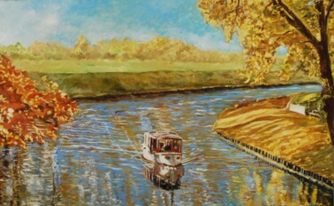 Painting titled "Autumn cruise." by Alex Pelesh, Original Artwork, Oil Mounted on Wood Stretcher frame