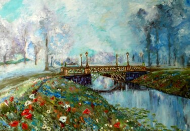 Painting titled "Fog in an old park." by Alex Pelesh, Original Artwork, Oil Mounted on Wood Stretcher frame