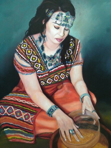 Peinture intitulée "Femme Berbère" par Mehenni Khadidja, Œuvre d'art originale, Huile Monté sur Châssis en bois