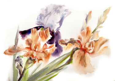 Irises on a white background . Watercolor painting/ 绘画 标题为“Irises on a white b…” 由Alla Prisakar, 原创艺术品, 水彩