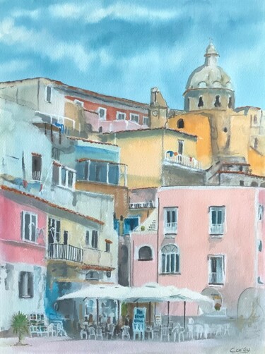 Procida Island, Italy Painting titled "Procida Island, Ita…" by Darrencareyart Darren Carey, Original Artwork, Watercolor