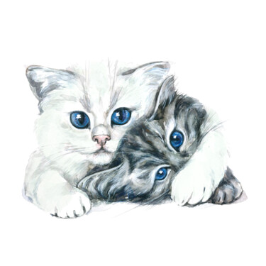 Painting titled "White and grey kitt…" by Yulia Belasla, Original Artwork, Watercolor