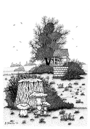 제목이 "Old Well"인 그림 Boris Matoničkin로, 원작, 잉크