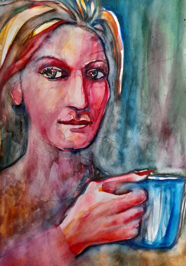 绘画 标题为“Girl with blue cup” 由Alexey Zhucovsky, 原创艺术品, 水彩