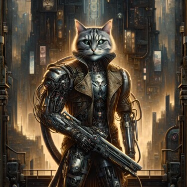 Digitale Kunst getiteld "Battle Kat" door Norman Clark, Origineel Kunstwerk, AI gegenereerde afbeelding