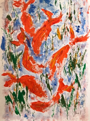 Schilderij getiteld "Danse sous marine" door Claudine Janel, Origineel Kunstwerk, Acryl Gemonteerd op Karton