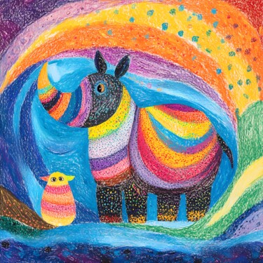 Rhino and Bird in a Swirling World 数字艺术 标题为“Rhino and Bird in a…” 由Anna Burger, 原创艺术品, 数字拼贴